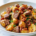 Melted cheddar, bacon, and green onions over steak and potatoes on a white plate