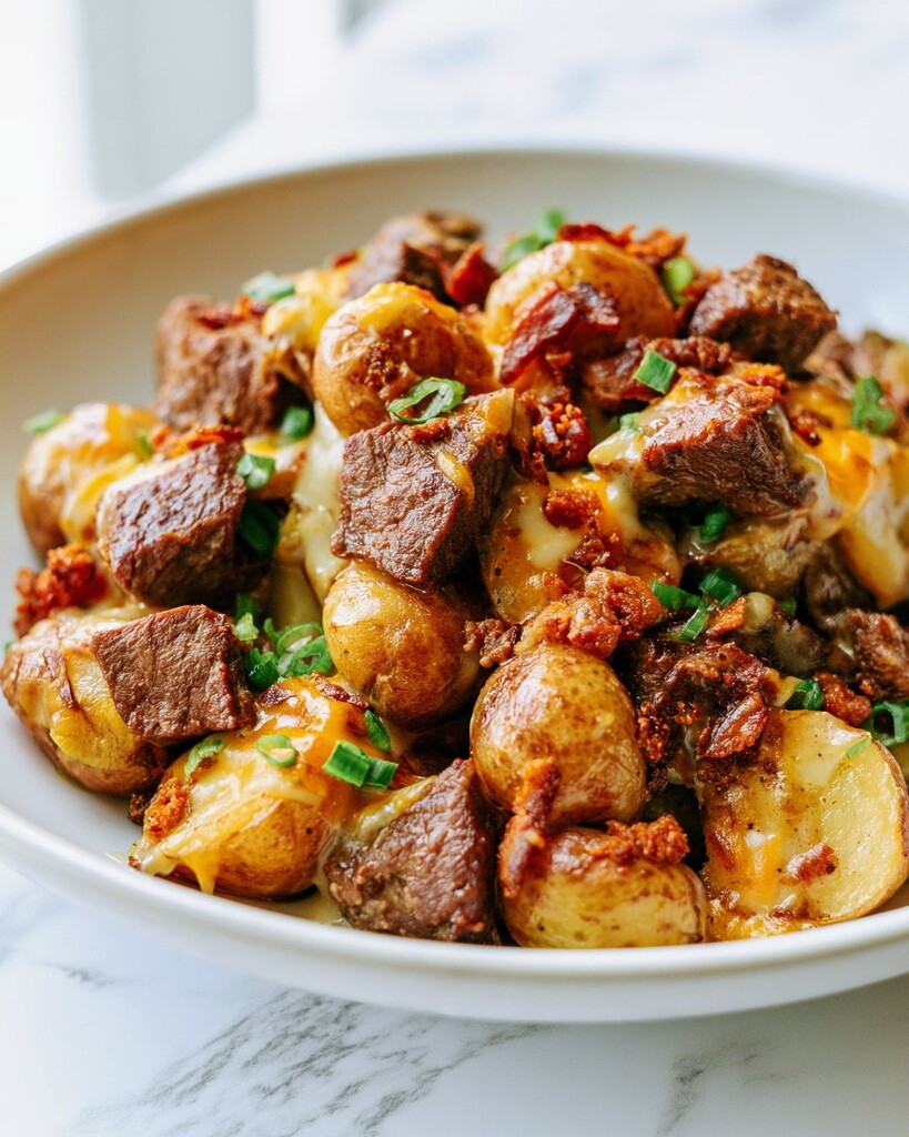 Melted cheddar, bacon, and green onions over steak and potatoes on a white plate