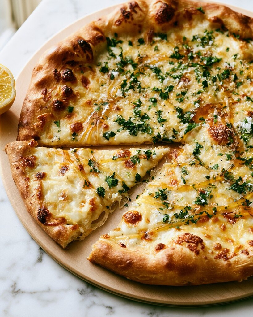 Hot honey lemon pizza on a wooden plate with slices pulled apart showing browned cheese and green herbs