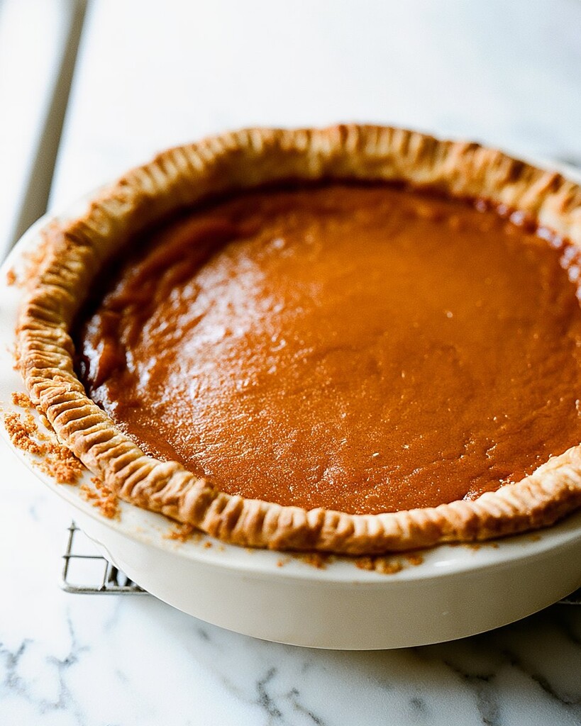 Whole baked pie cooling on a wire rack with a glossy crinkled surface