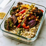 Meal prep bowl featuring roasted vegetables and chickpeas distributed evenly over a bed of brown rice