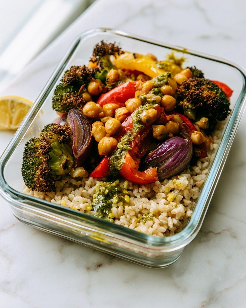 Meal prep bowl featuring roasted vegetables and chickpeas distributed evenly over a bed of brown rice