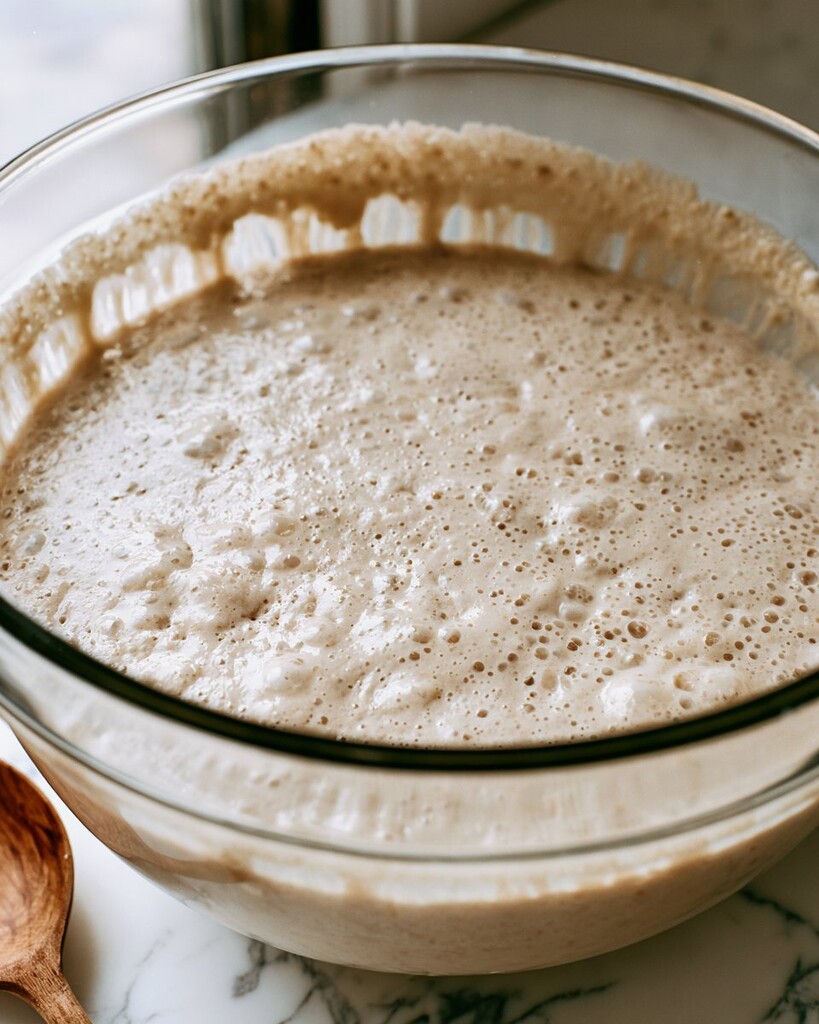 Bubbly wet dough for roasted garlic bread fully risen inside a large glass bowl