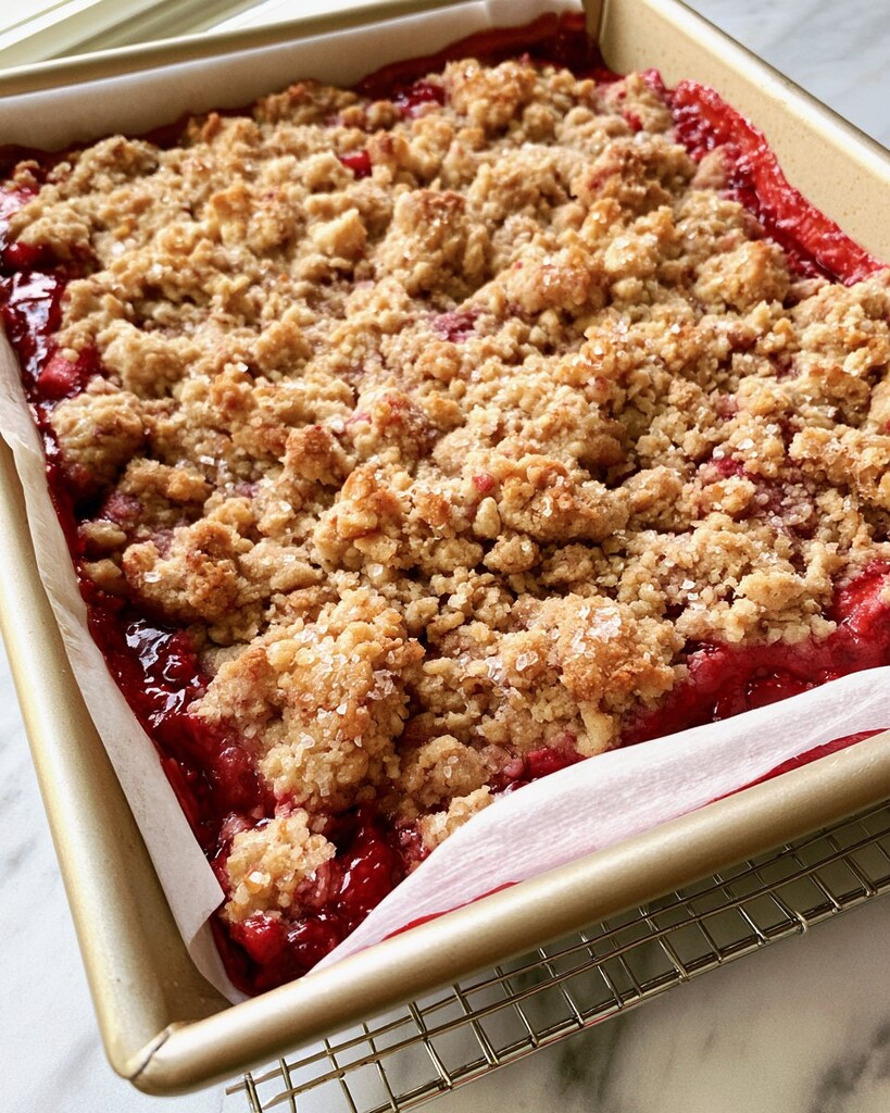Baked strawberry bars in a pan with bubbling red filling and golden brown crumble