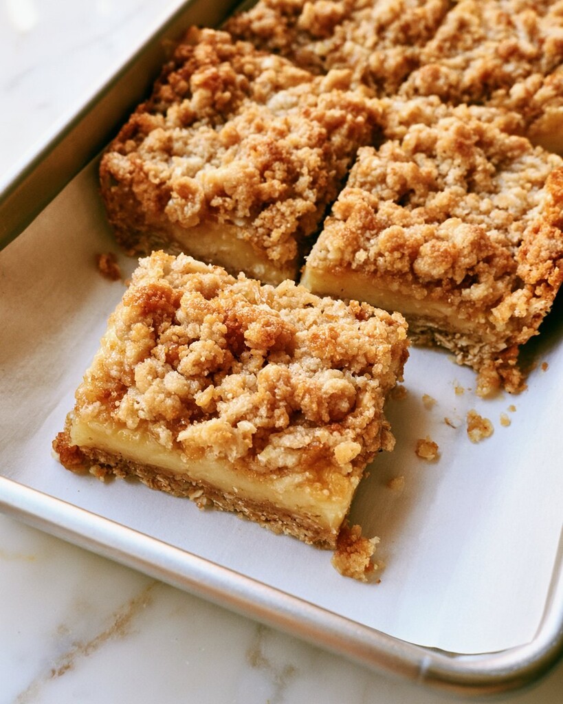 Cut lemon bar squares showing distinct creamy layers and crumb topping resting on parchment paper