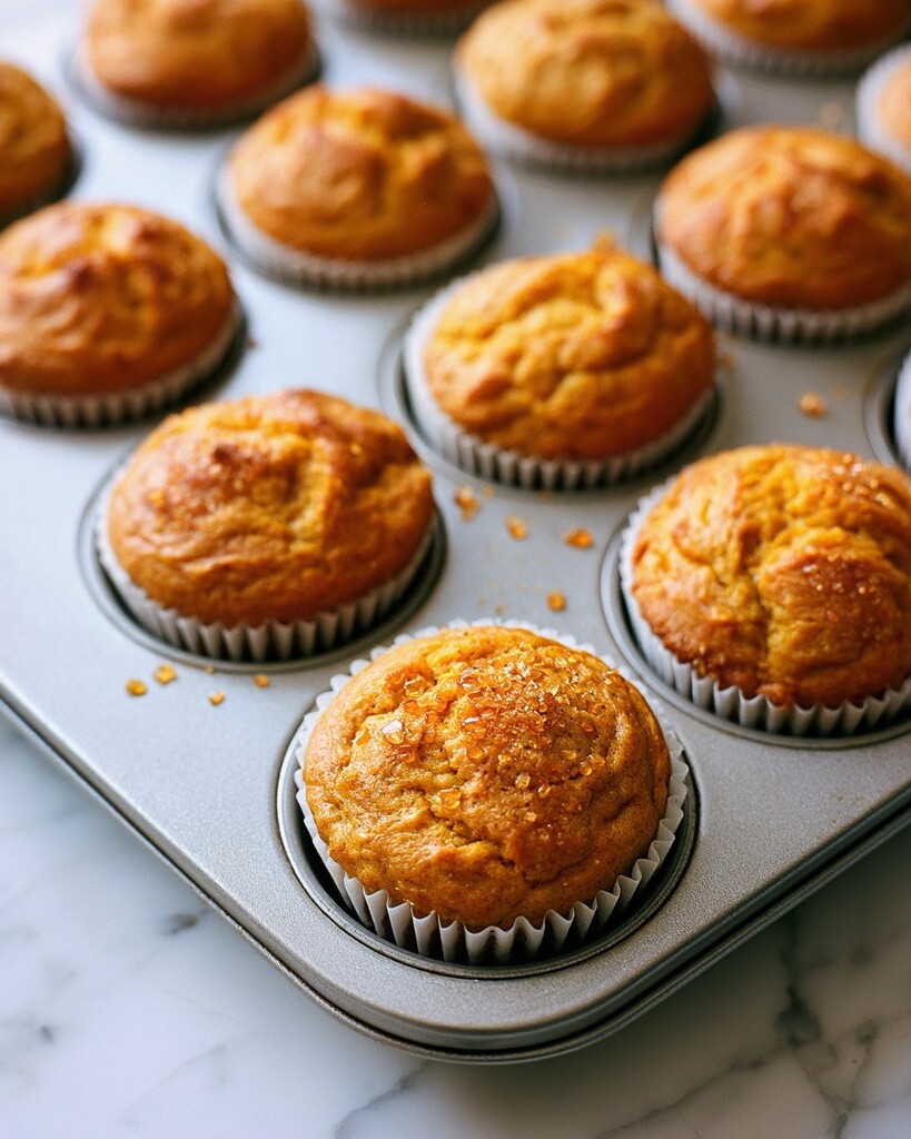 Fully baked pumpkin muffins with domed cracked golden tops sitting in a 12-cup metal tin