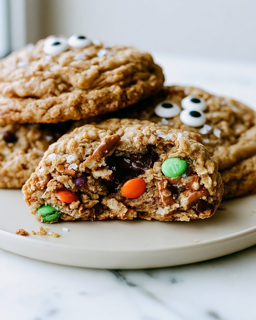Close-up of a cut cookie half revealing rich dark chocolate and crispy pretzel inside