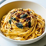 Close up of pumpkin alfredo pasta garnished with green sage and nuts