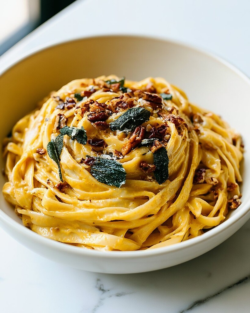 Close up of pumpkin alfredo pasta garnished with green sage and nuts