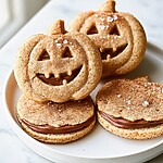 Stacked jack-o-lantern sandwich cookies showing the milk chocolate filling layer