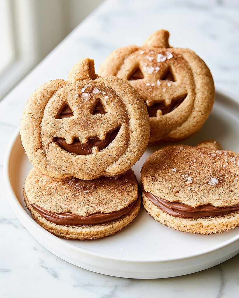 Stacked jack-o-lantern sandwich cookies showing the milk chocolate filling layer