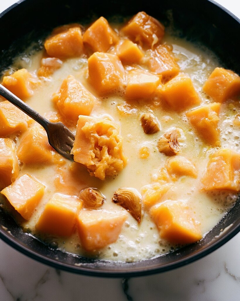 Cubed butternut squash simmering in a creamy liquid inside a black skillet