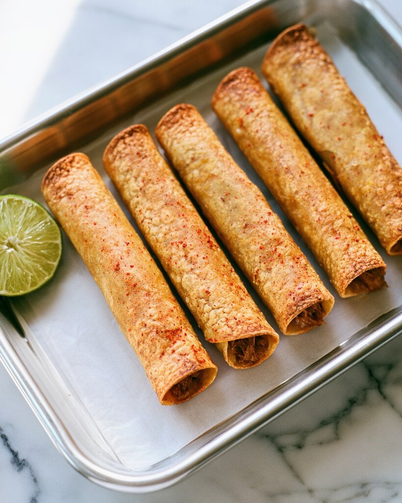 Cooled baked beef taquitos resting in a row on a metal tray, featuring a golden crust with distinct red specks.