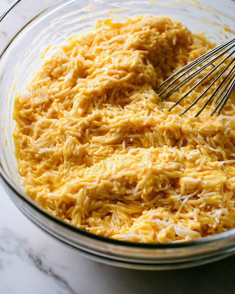 Whisking white basmati rice into a thick yellow saffron and yogurt custard