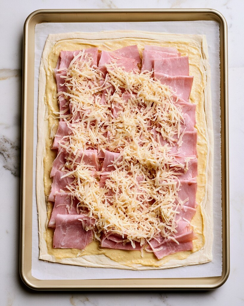 Unfolded puff pastry spread with mustard, layered with deli ham and shredded cheese