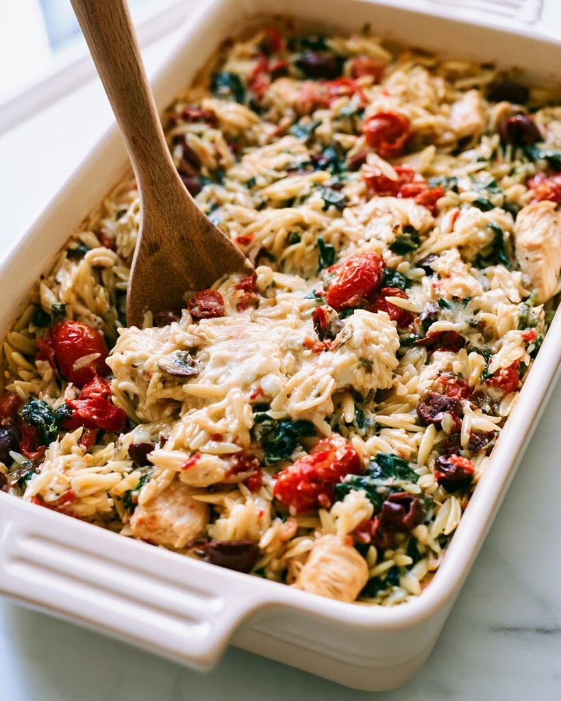 Stirring hot baked feta into cooked orzo and chicken with a wooden spoon to create a thick sauce