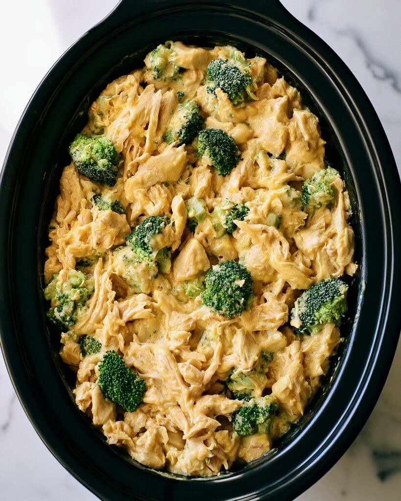Shredded chicken and chopped broccoli folded into a bubbling cheddar sauce inside a slow cooker