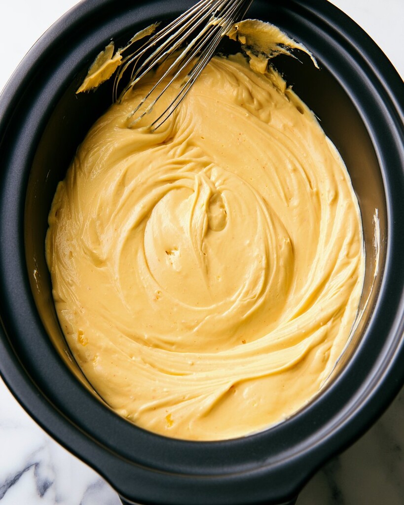 Whisking a thick, smooth cheese sauce inside a slow cooker insert