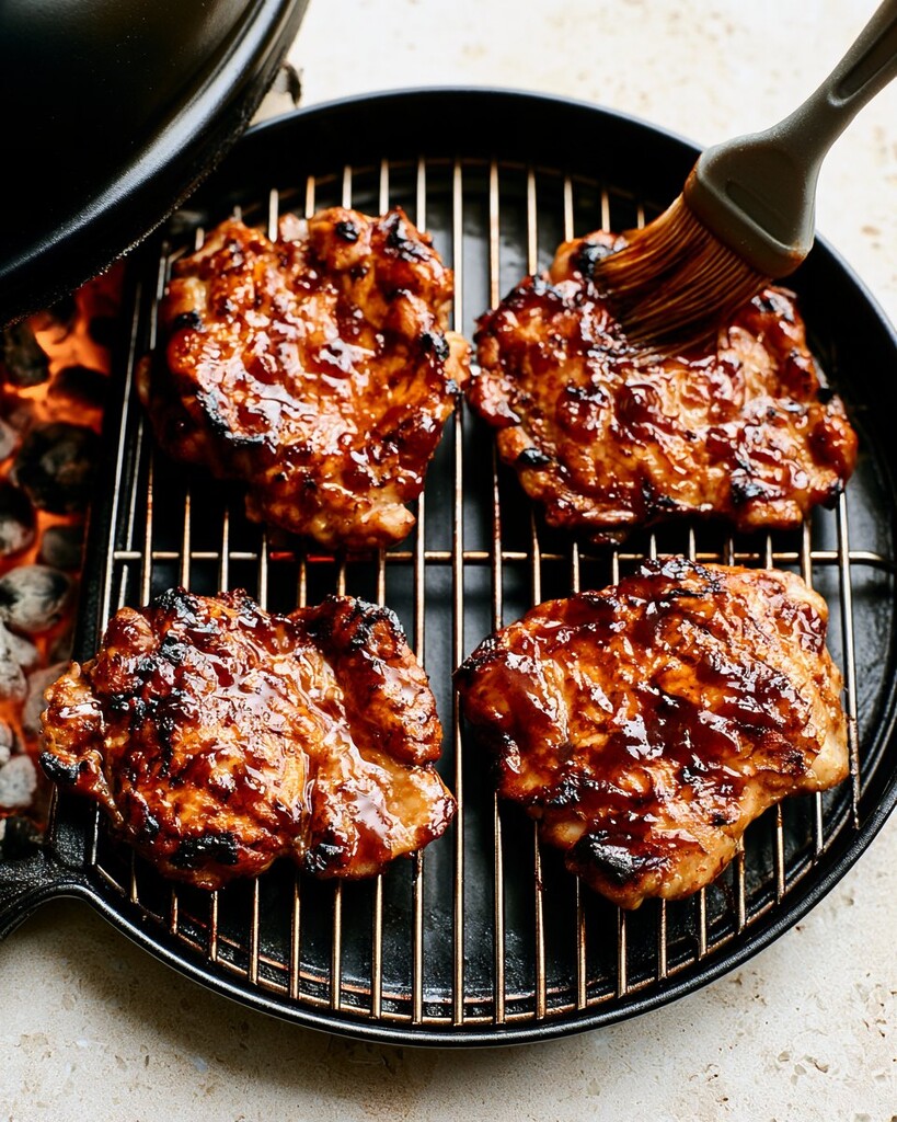 Brushing a shiny dark glaze onto chicken thighs on the unlit side of a grill