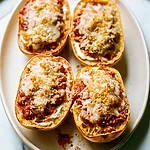 Roasted Garlic Spaghetti Squash Lasagna Boats Four roasted garlic spaghetti squash lasagna boats topped with melted cheese and golden panko on a light platter