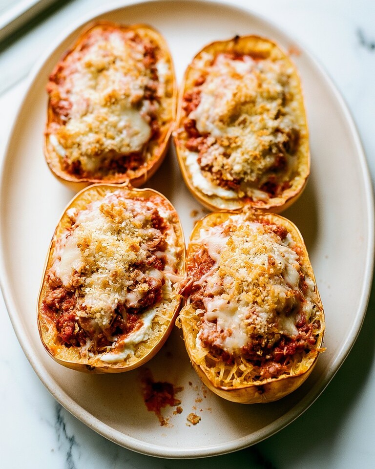Roasted Garlic Spaghetti Squash Lasagna Boats Four roasted garlic spaghetti squash lasagna boats topped with melted cheese and golden panko on a light platter