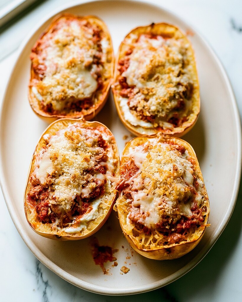 Four roasted garlic spaghetti squash lasagna boats topped with melted cheese and golden panko on a light platter
