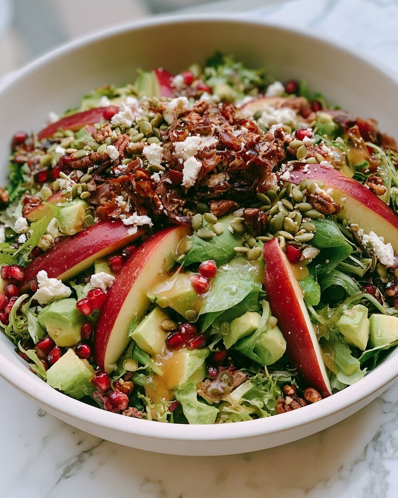 Sliced apples, avocado, and pomegranate arils layered over mixed greens