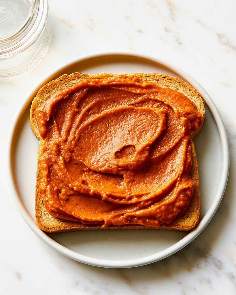 Dark reddish-brown vanilla bean pumpkin butter spread thickly over a slice of toasted bread resting on a light-colored plate
