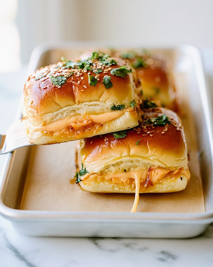 Hot honey chipotle chicken sliders with glossy glazed tops, melted cheese, and toasted sesame seeds on a platter.