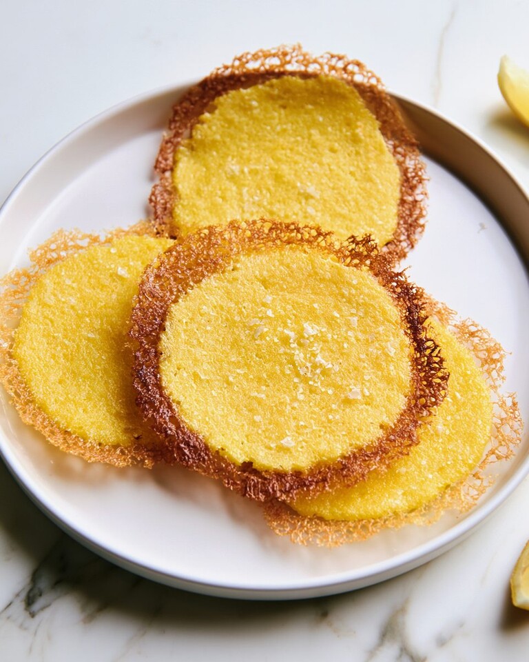 Upside-Down Parmesan Polenta Bites With a Shattered Crust Crispy upside-down parmesan polenta bites served on a white plate with golden lacy cheese edges