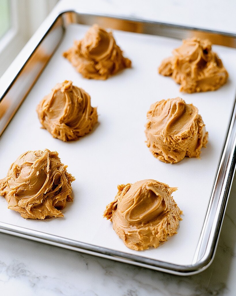 Rounds of cookie dough spaced evenly on a parchment-lined baking sheet