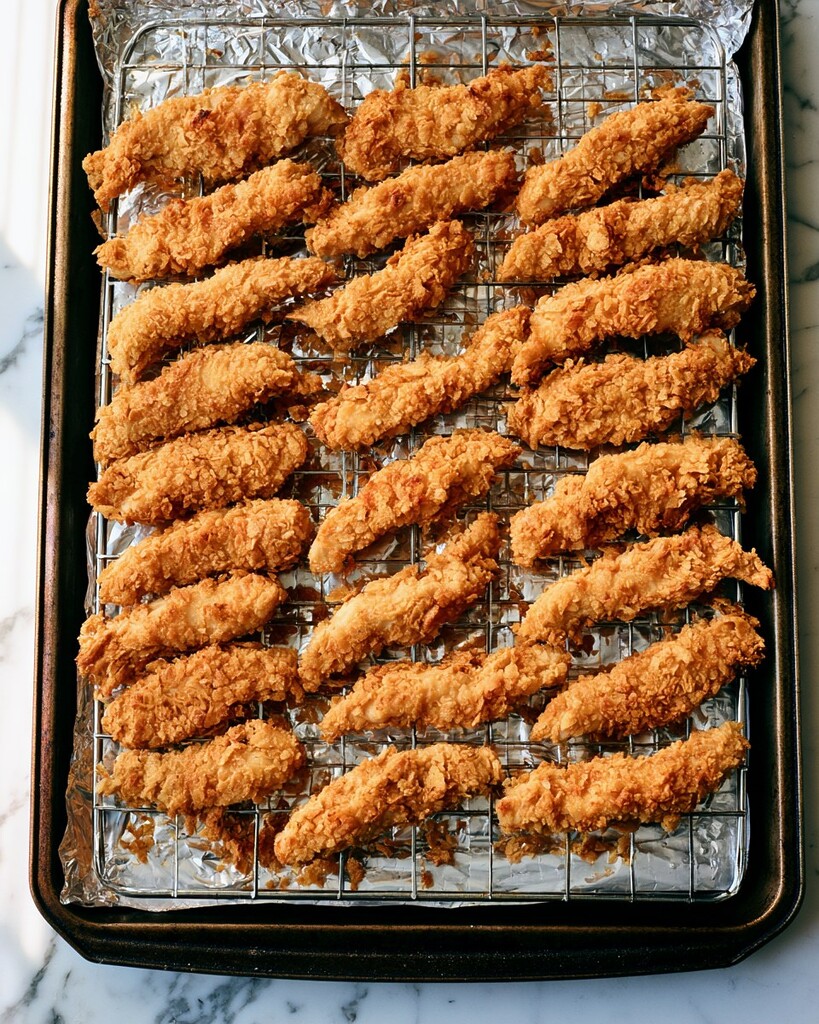 Frozen breaded chicken strips arranged evenly on a wire rack set inside an aluminum foil-lined baking sheet