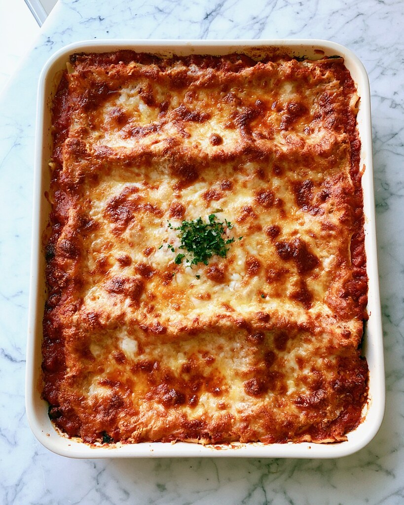 Fully baked lasagna in a rectangular dish with a blistered and melted golden mozzarella surface