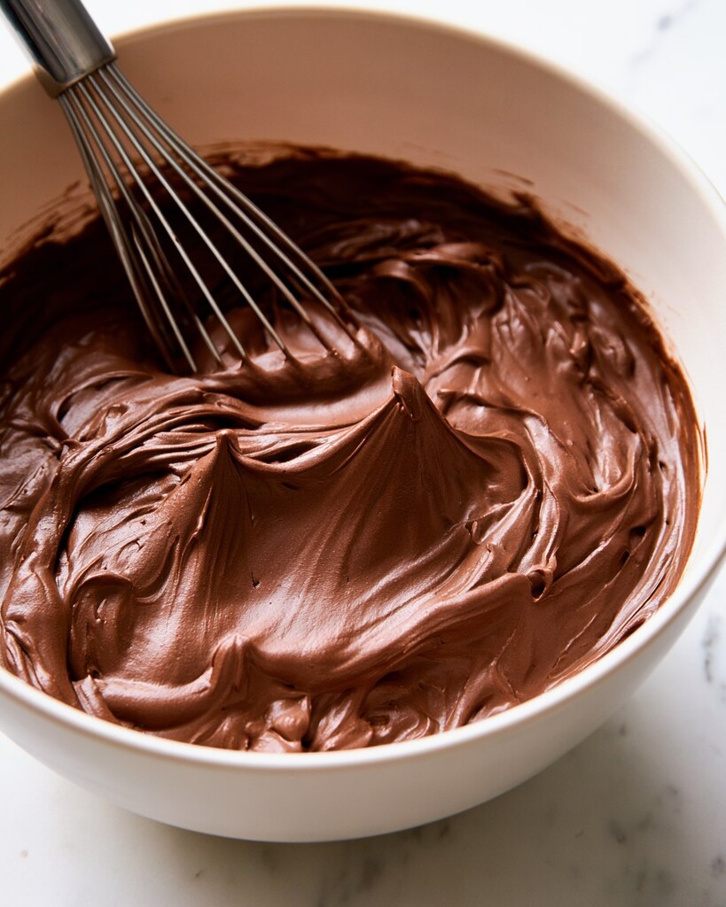 Thick dark whipped chocolate ganache in a white bowl with a mixer whisk
