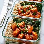 Sticky Honey-Sriracha Chicken Meal Prep Bowls in 30 Minutes Overhead view of three rectangular glass containers filled with glazed honey-sriracha chicken, brown rice, and roasted broccoli