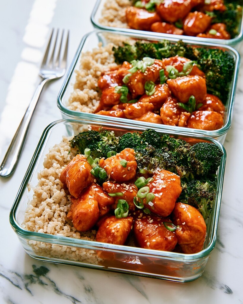 Overhead view of three rectangular glass containers filled with glazed honey-sriracha chicken, brown rice, and roasted broccoli