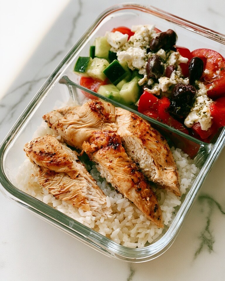 Greek Chicken Rice Bowls with 2-in-1 Dressing Greek chicken rice bowl in a glass container with cherry tomatoes, cucumber, and feta salad