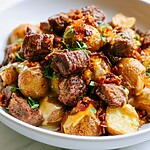 Slow Cooker Garlic Butter Loaded Steak and Potatoes Slow cooker garlic butter loaded steak and potatoes in a bowl topped with melted cheddar cheese, crumbled bacon, and sliced green onions
