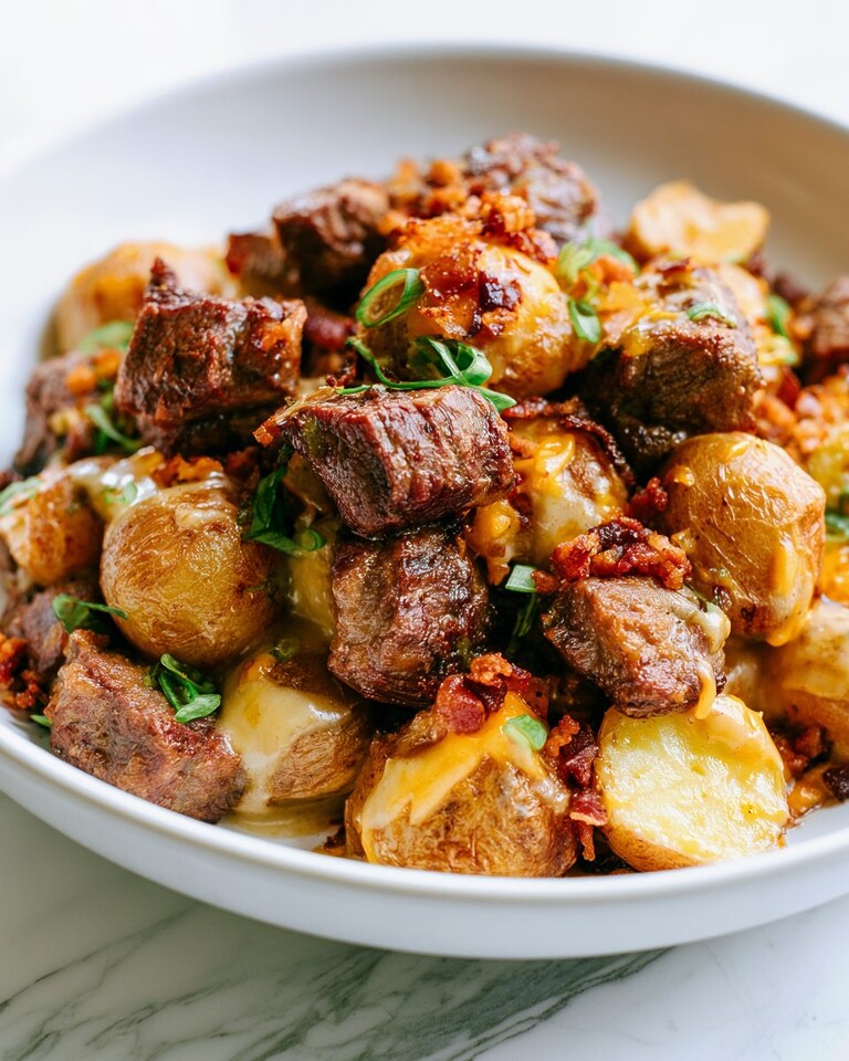 Slow Cooker Garlic Butter Loaded Steak and Potatoes Slow cooker garlic butter loaded steak and potatoes in a bowl topped with melted cheddar cheese, crumbled bacon, and sliced green onions