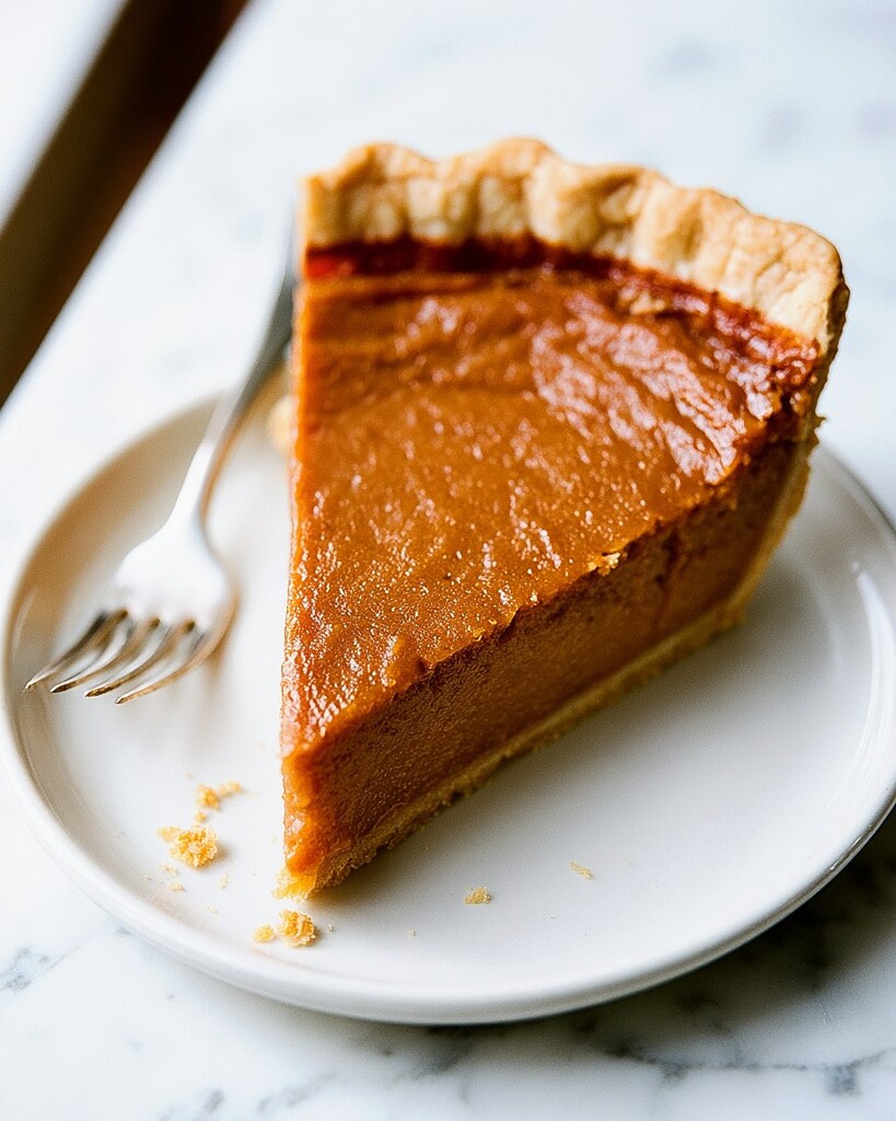Slice of apple butter pie on a white plate showing a dense smooth filling