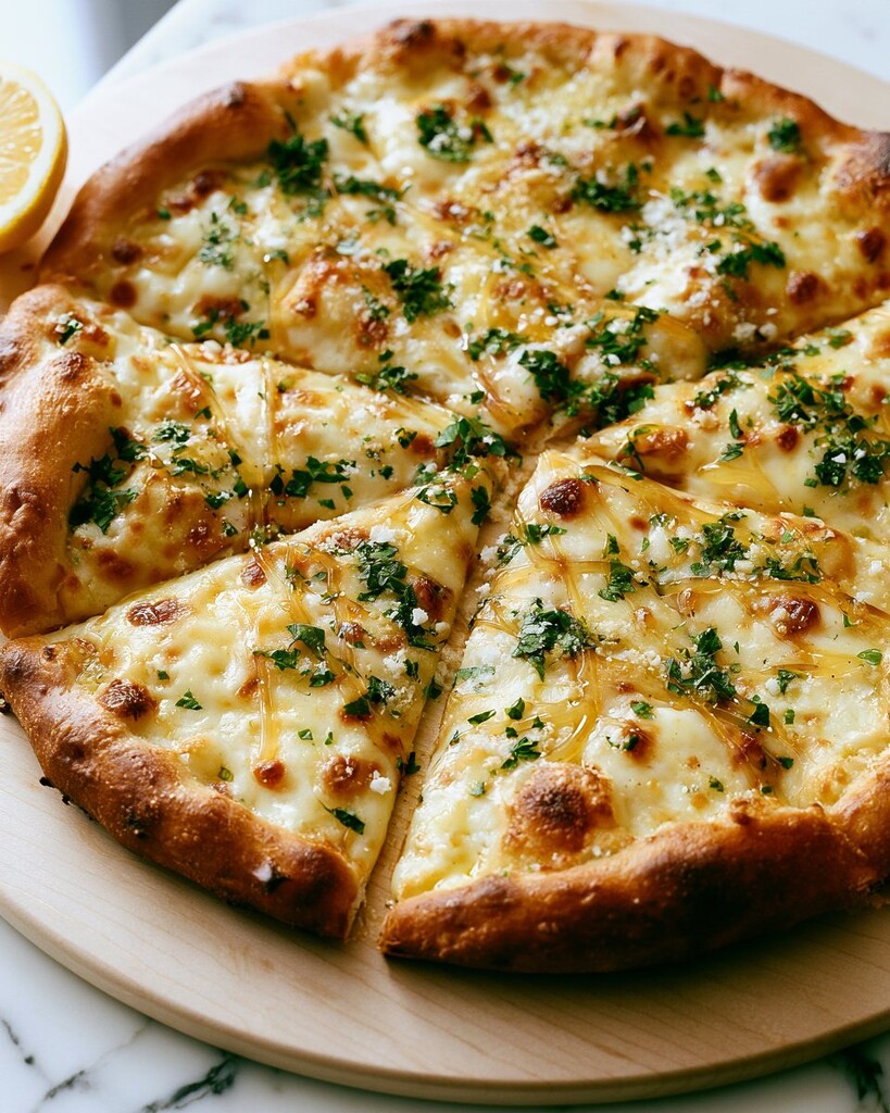 Sliced hot honey lemon pizza on a wooden board showing a golden crust and melted cheese