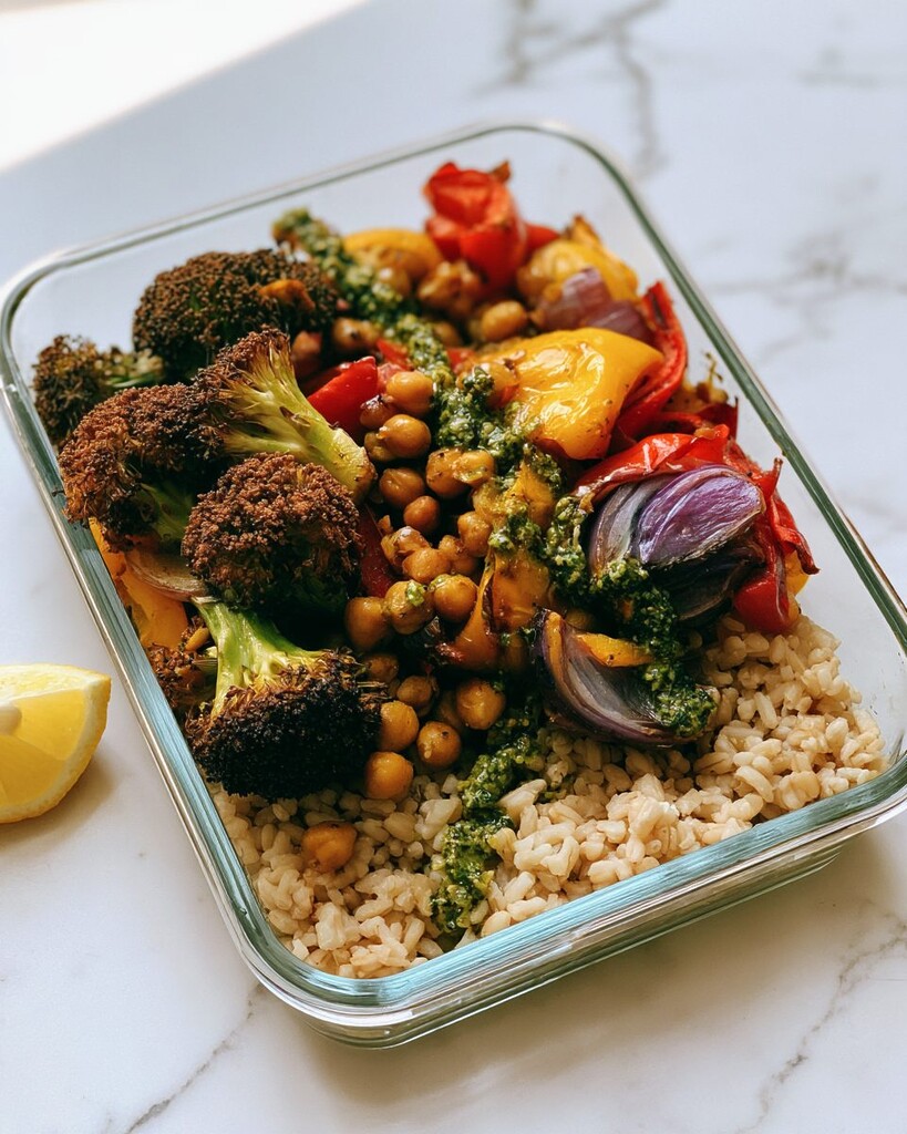 Glass container of roasted vegetables and chickpeas over brown rice with pesto dressing ready to eat