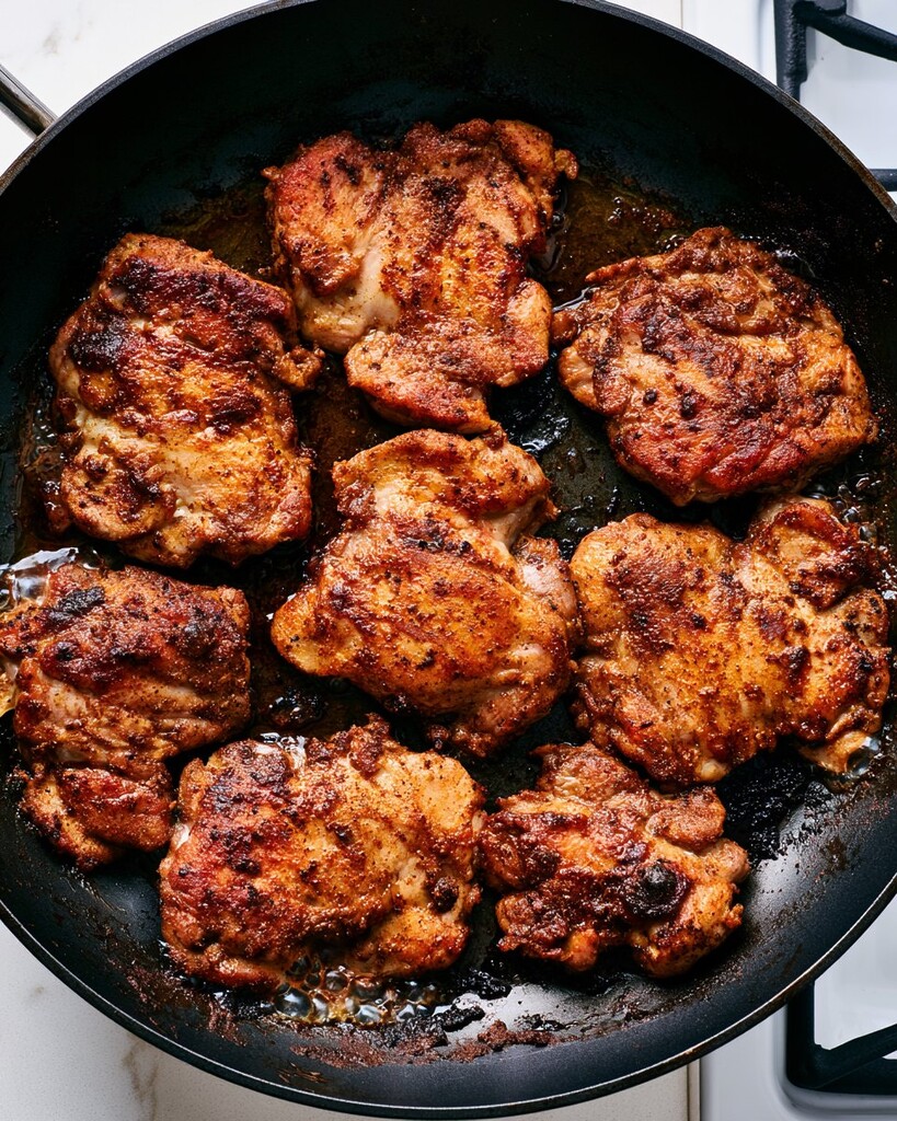 Chili-lime chicken pieces searing to a dark golden crust in a wide black skillet