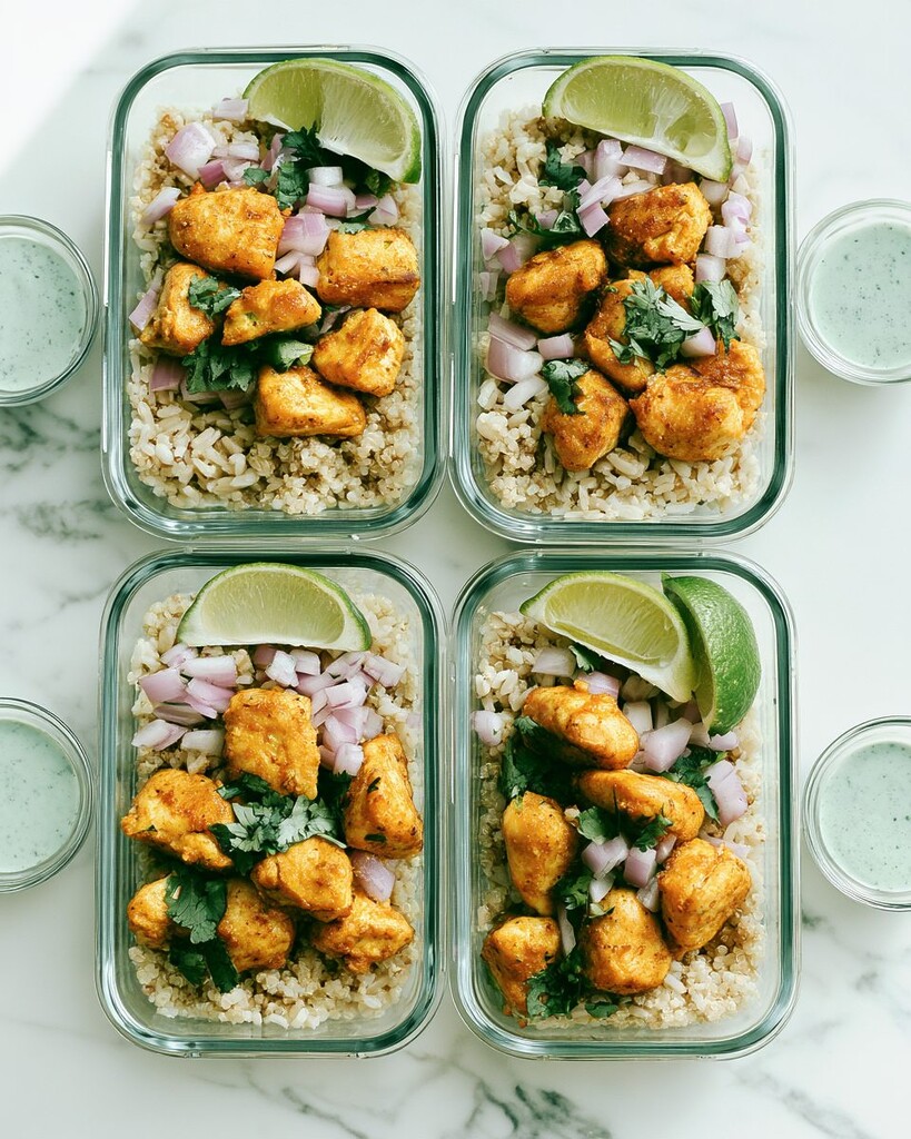 Four assembled curried chicken meal-prep bowls in glass containers with separate sauce cups