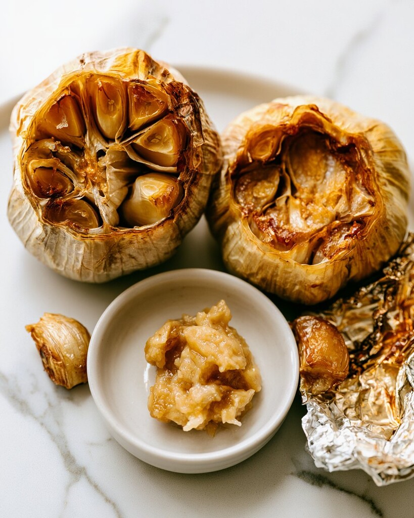 Two whole heads of roasted garlic with golden caramelized cloves alongside a small dish of mashed garlic paste