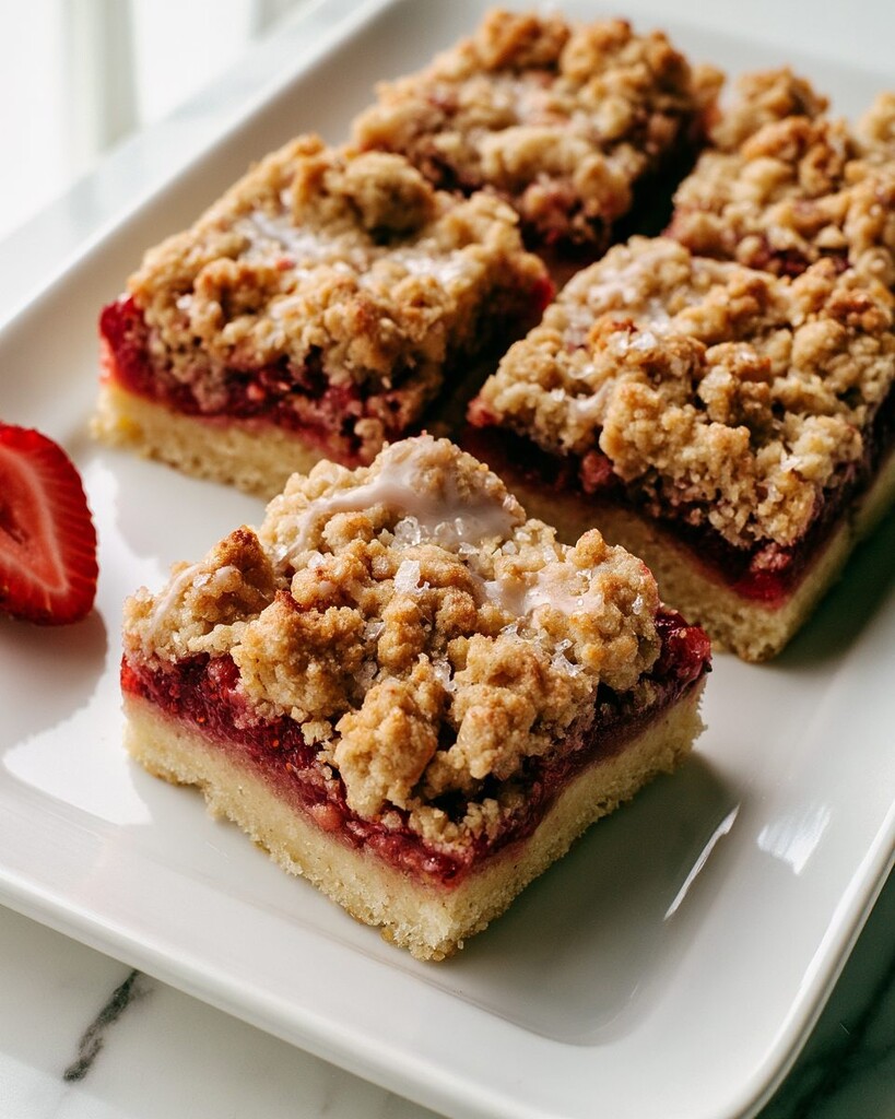 Square strawberry shortcake bar on a white plate showing crust, jammy filling, and glazed crumble