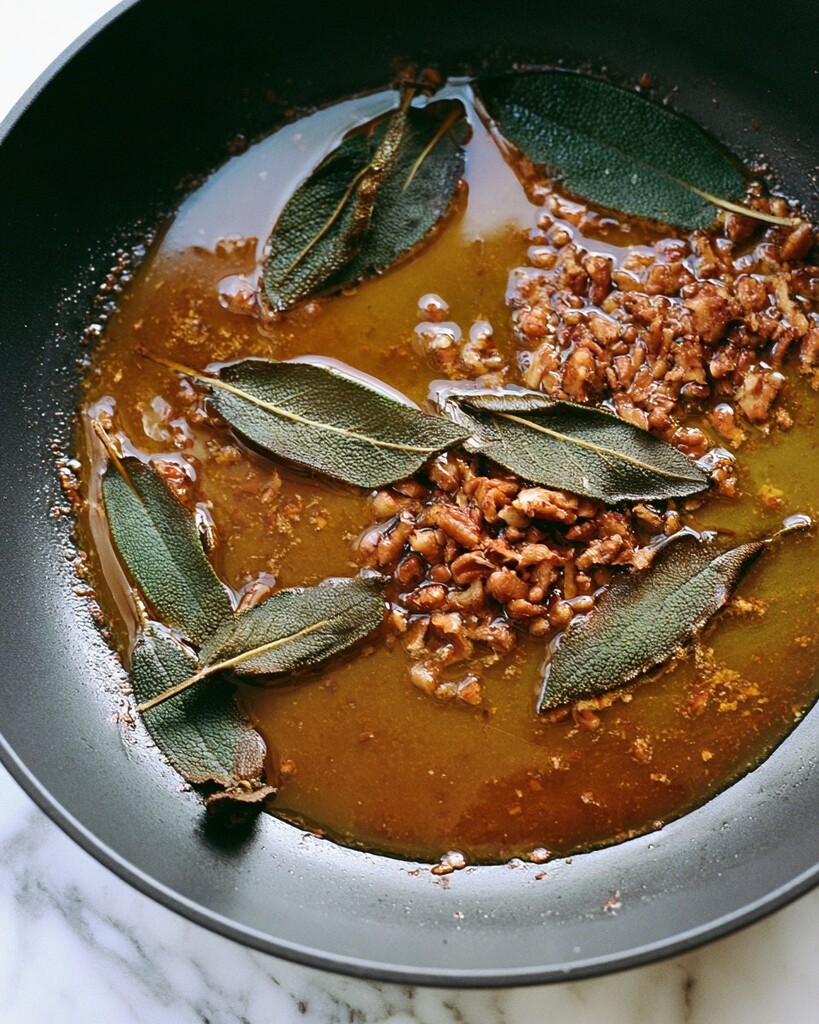 Frying sage leaves and pecan pieces in brown butter in a dark skillet