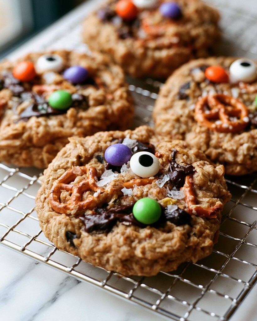 Baked cookies decorated with sugar eyes and flaky salt cooling on a metal wire rack
