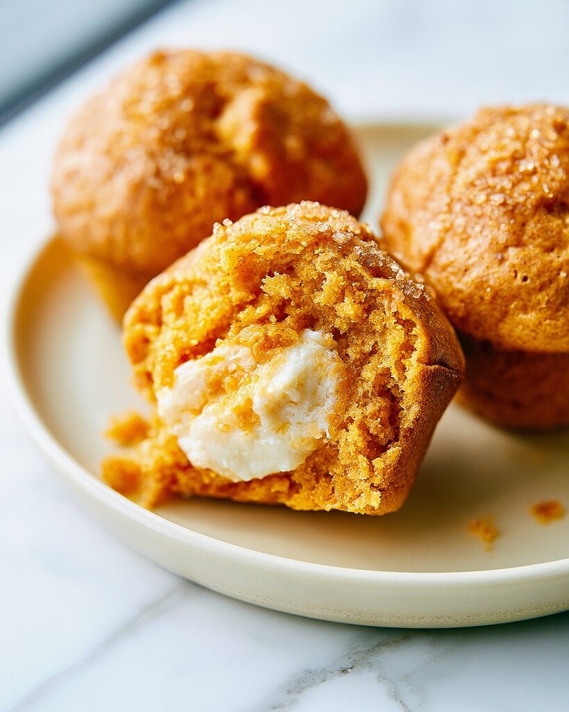 A halved brown butter pumpkin muffin on a plate revealing a distinct white cream cheese center
