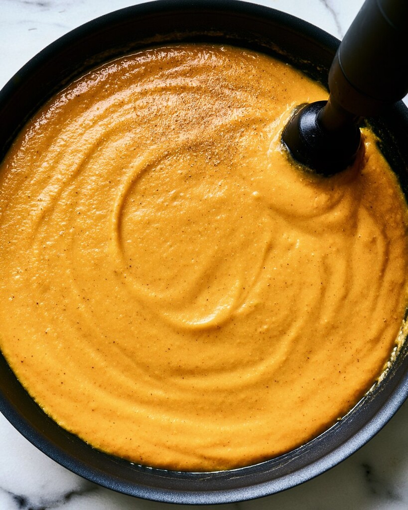 Blending the orange butternut sauce with an immersion blender until completely smooth